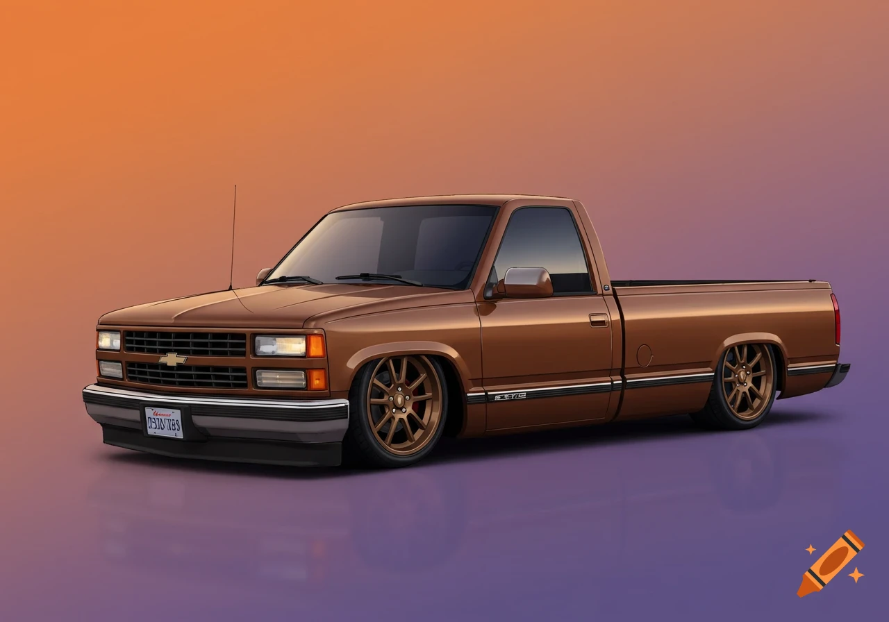 A brown, lowered pickup truck with custom bronze wheels is parked against an orange and purple gradient background.
