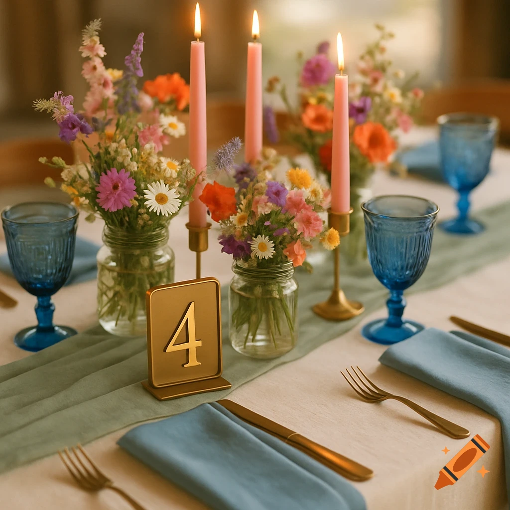 Rustic wedding table setting with pink candles, wildflowers in jars, blue glassware, and a gold table number 4.