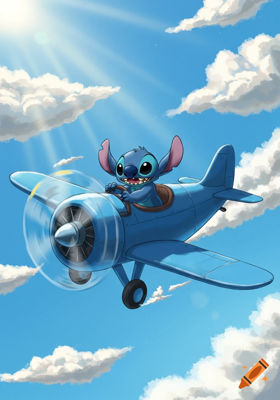 Animated character Stitch smiles while piloting a blue propeller plane through a sunny, cloudy sky.