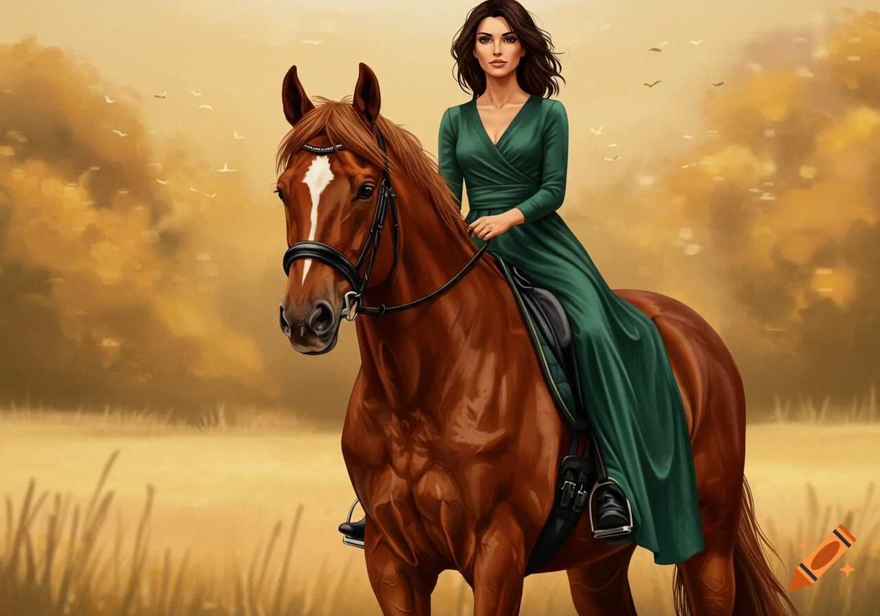 A stylized painting of a woman in a green dress riding a brown horse in a golden field.