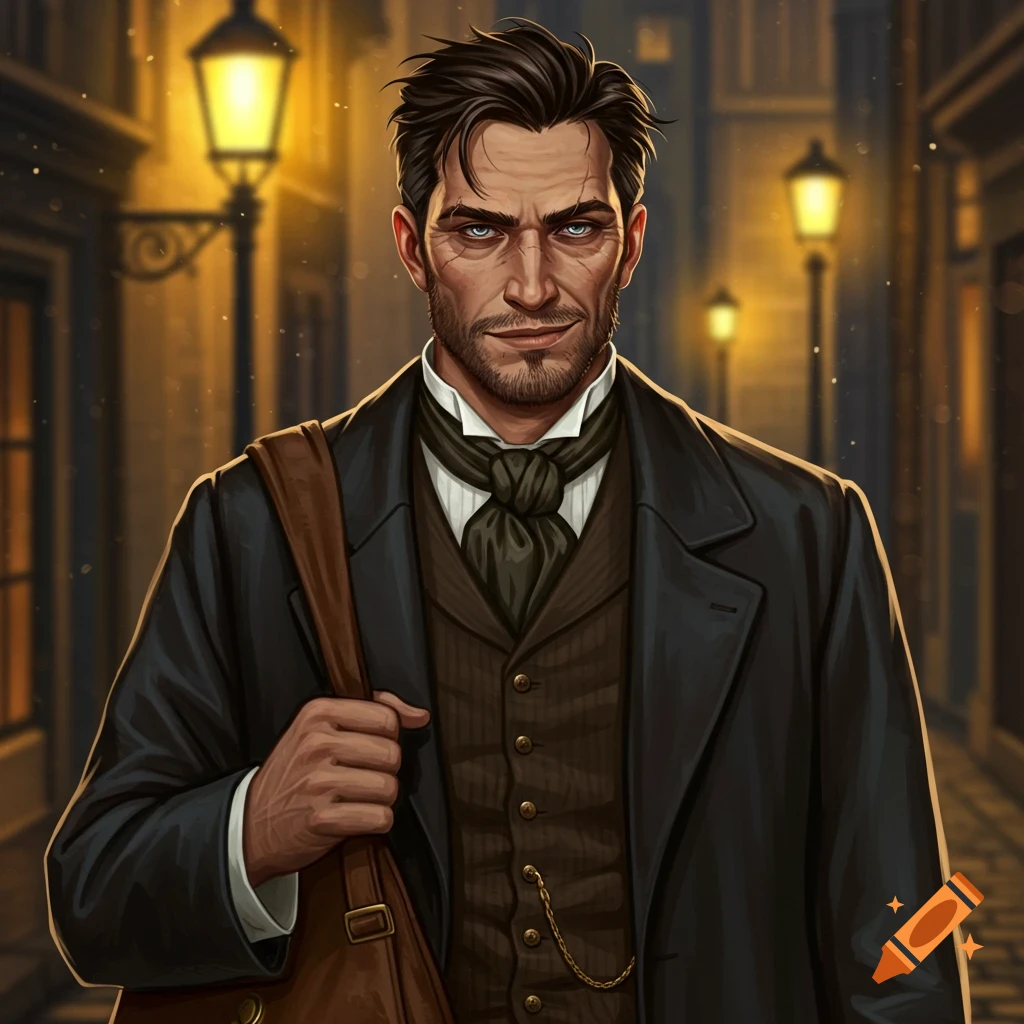 A dapper man with a beard and intense blue eyes, wearing 1880s attire and carrying a satchel, stands on a gas-lit street.