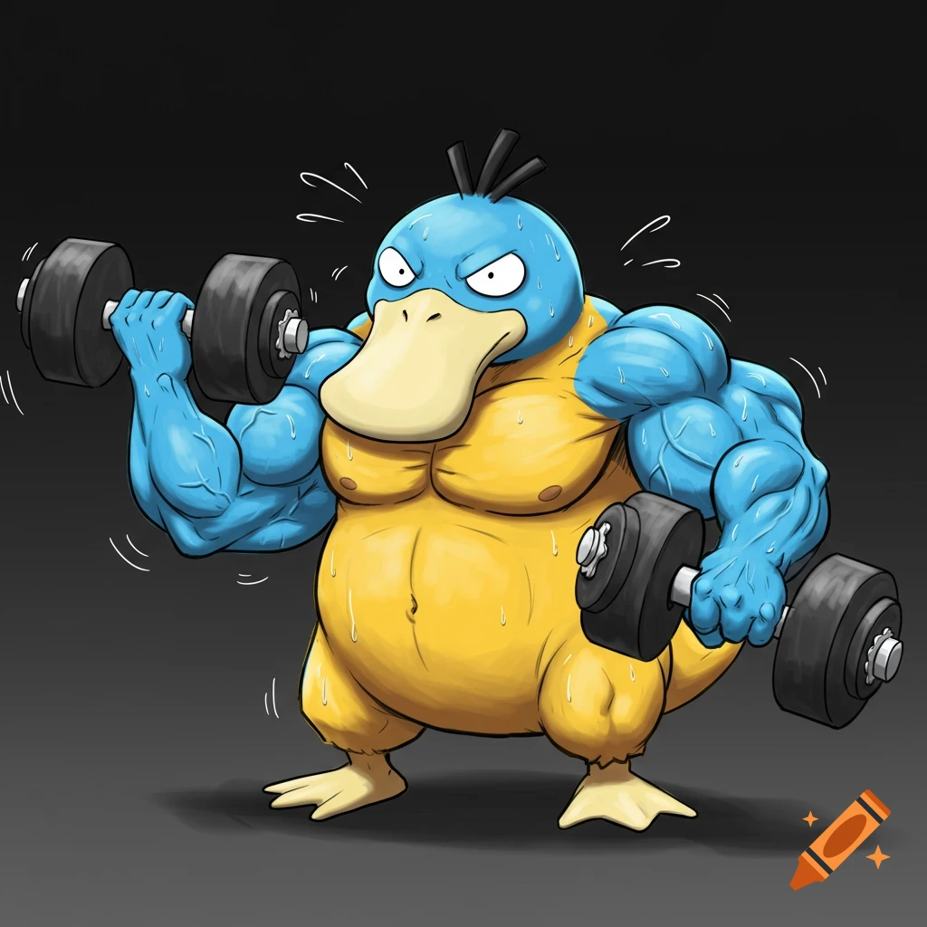 A muscular, blue and yellow cartoon duck character, Psyduck, lifts heavy dumbbells with intense effort on a dark background.