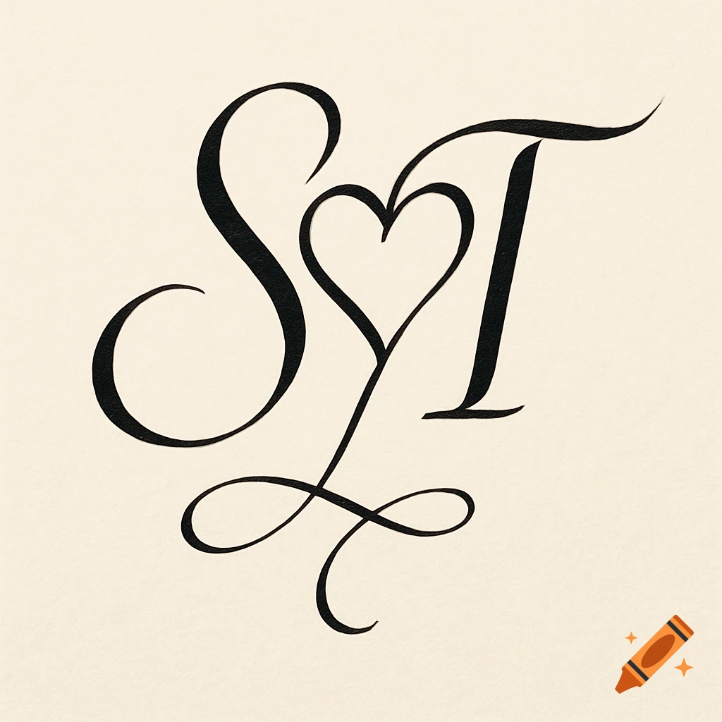 Elegant calligraphy monogram with letters S and T intertwined to form a heart shape on a cream background.