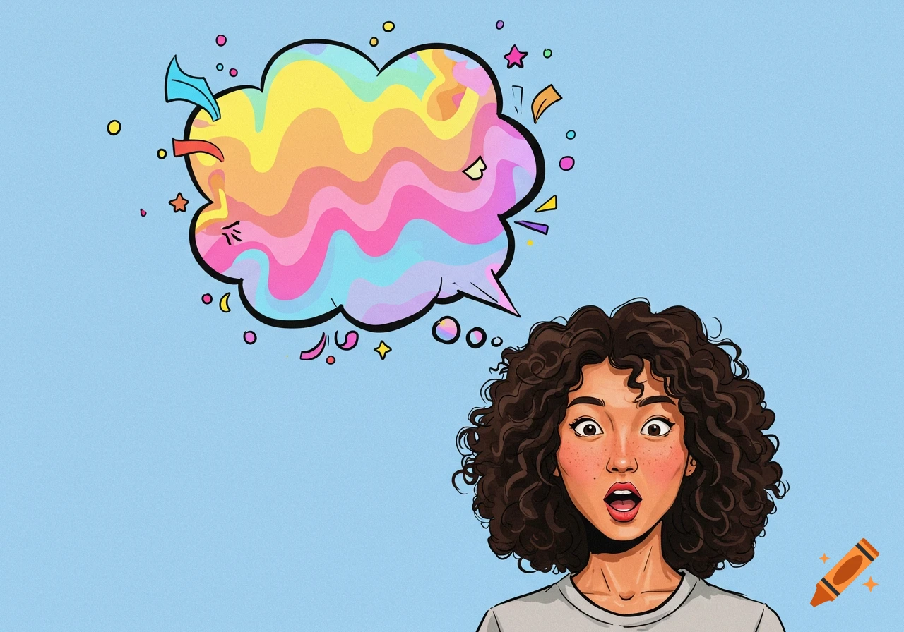 A cartoon woman with curly hair looks surprised at a colorful, abstract thought bubble bursting above her head.