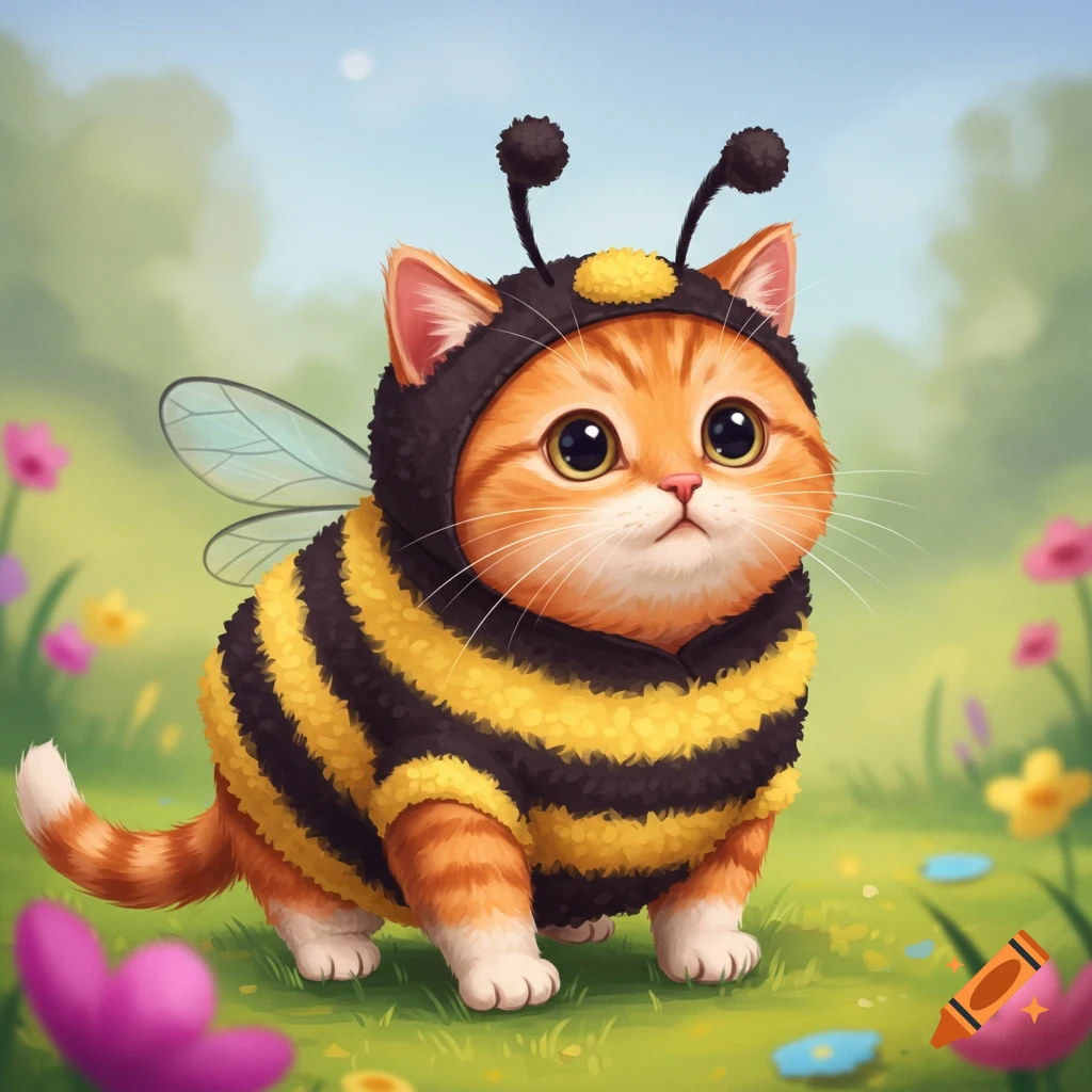 A chubby orange tabby kitten in a bee costume stands in a green field with colorful flowers under a blue sky.