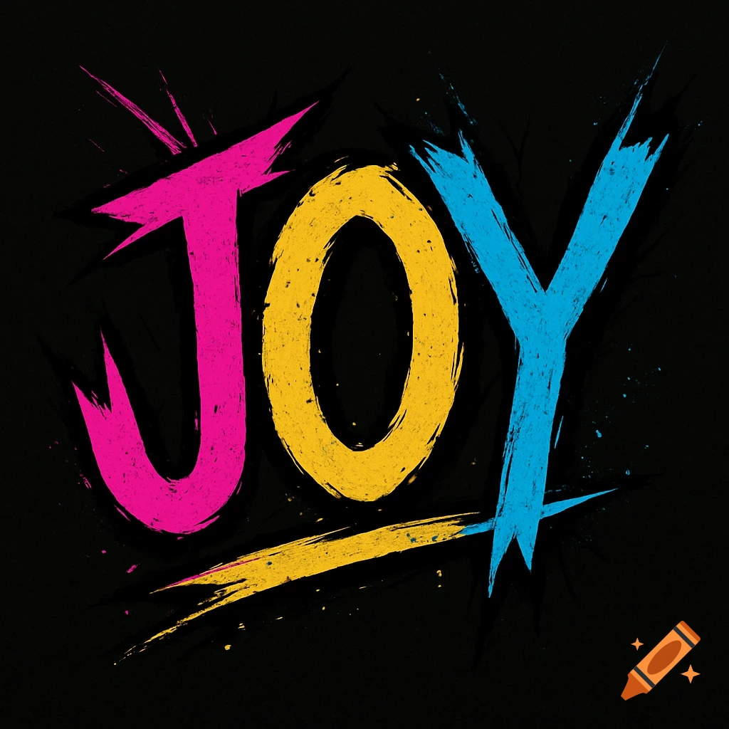 The word JOY in vibrant pink, yellow, and blue brushstrokes with a punk style black outline on a black background.