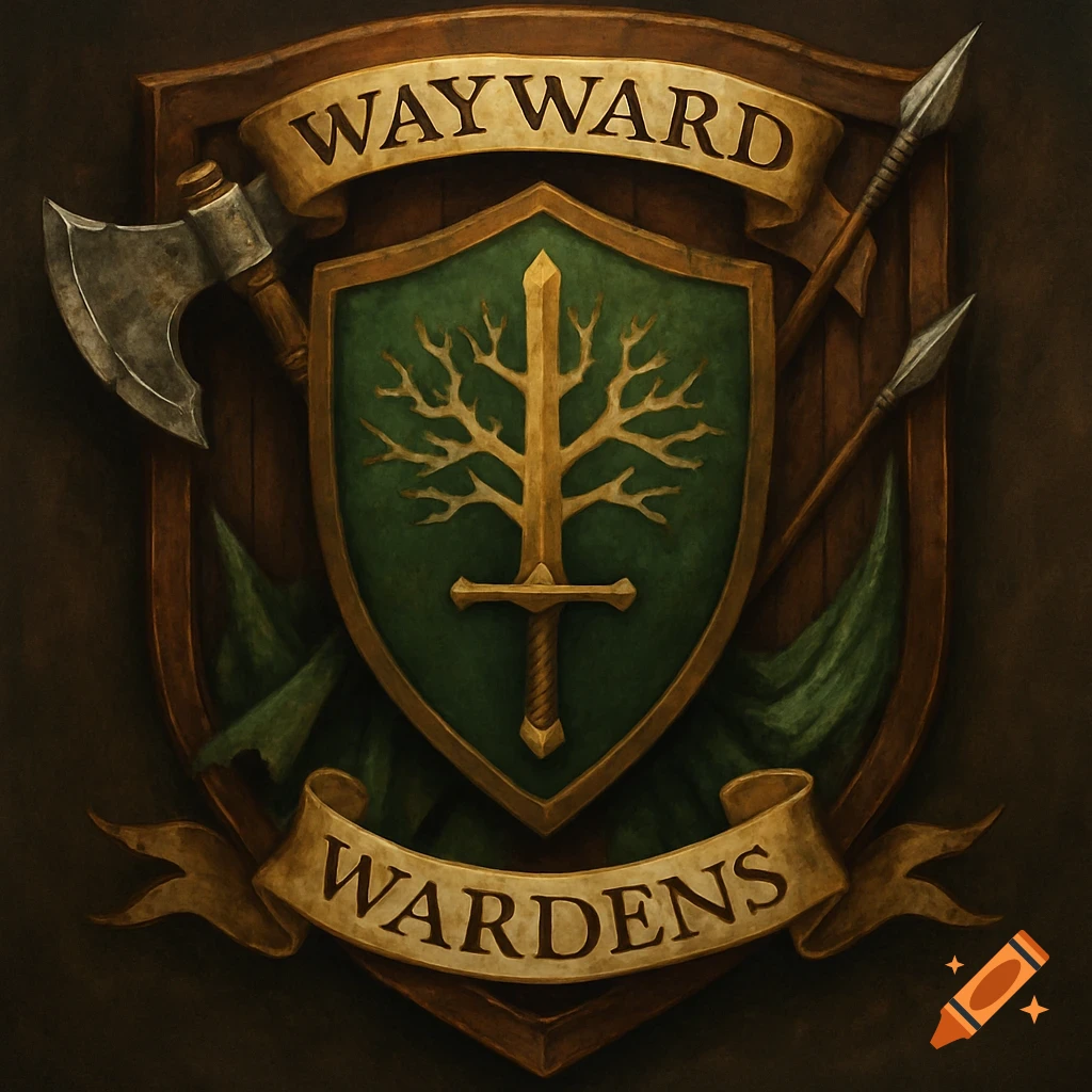A detailed fantasy crest featuring a shield with a tree-like sword, an axe, and spears, with banners reading 'WAYWARD WARDENS'.