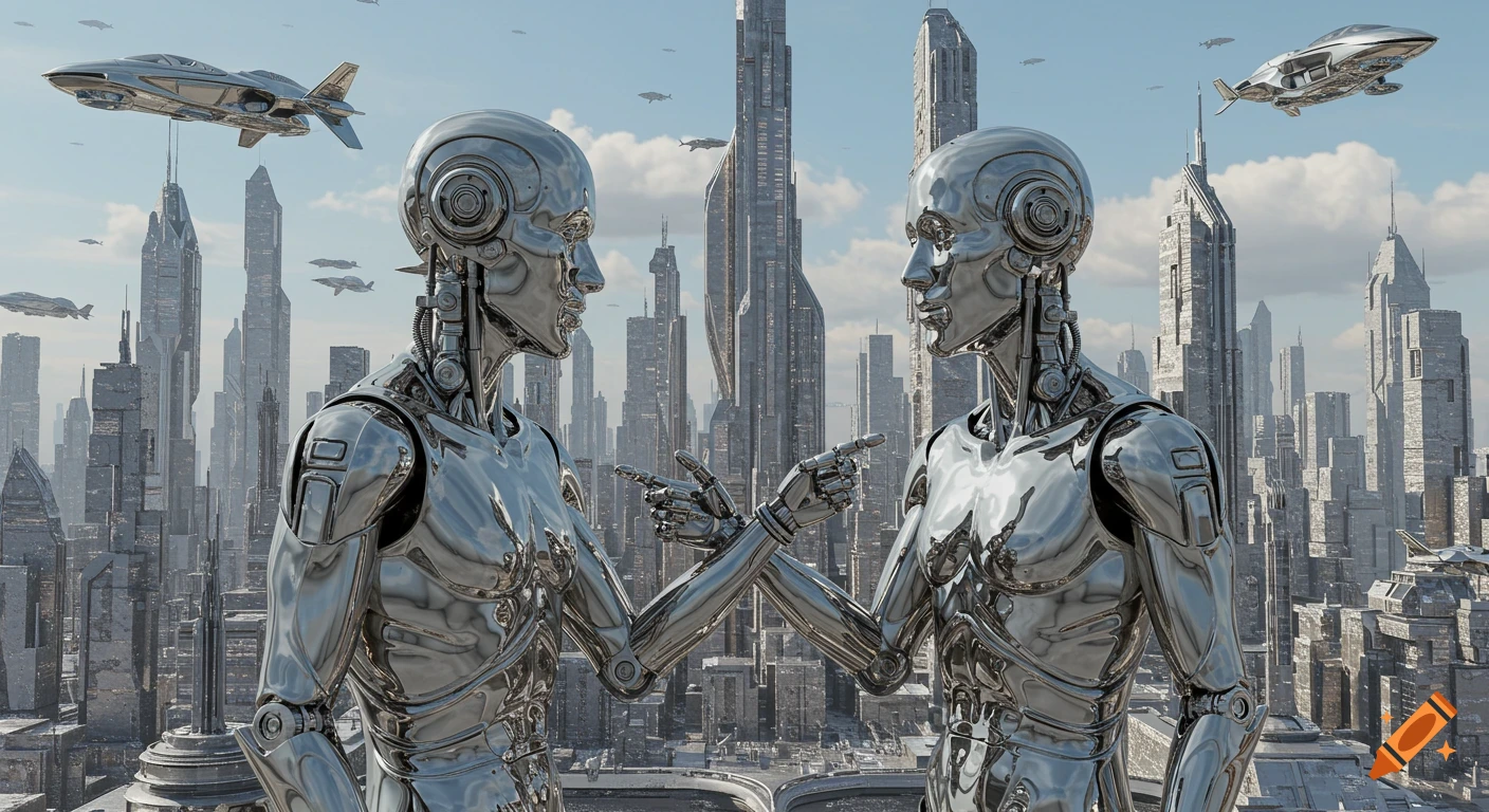 Two chrome robots face each other, pointing, against a backdrop of towering futuristic skyscrapers and flying vehicles under a blue sky.