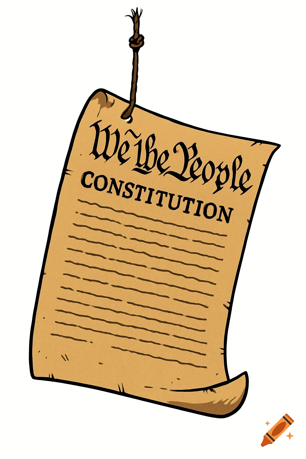 Cartoon parchment with 'We the People CONSTITUTION' hanging by a frayed rope on a white background.