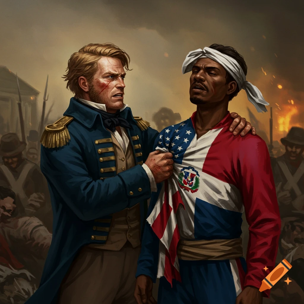 A man in a military uniform confronts another man wearing a shirt made of the US and Dominican Republic flags, amidst a smoky battlefield.