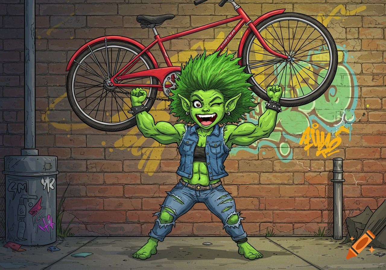 A cartoon green-skinned girl with spiky hair and ripped clothes flexes muscles while holding a red bicycle overhead against a brick wall with graffiti.