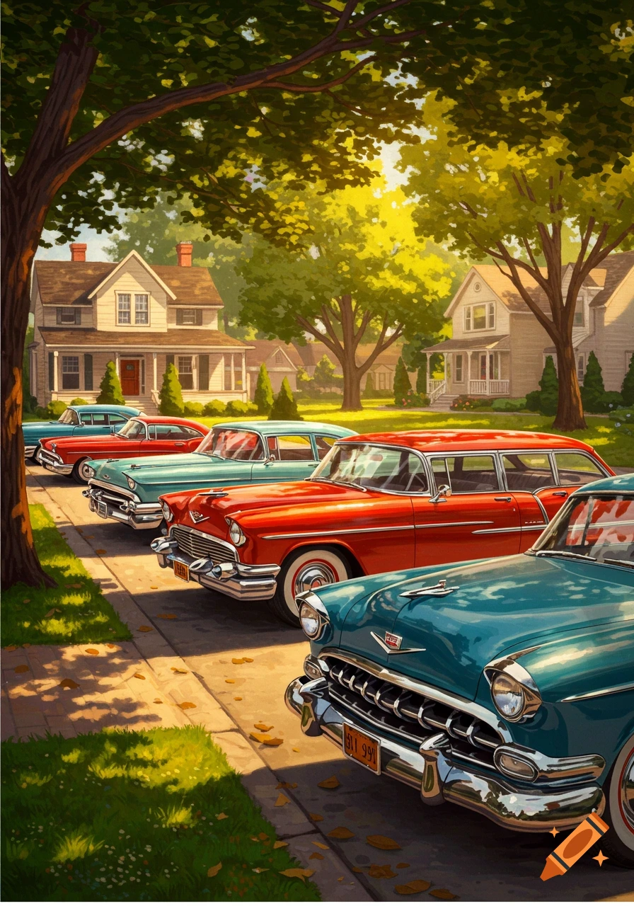 Illustrative street scene featuring a row of colorful vintage cars parked alongside a sidewalk with houses and trees in the background.