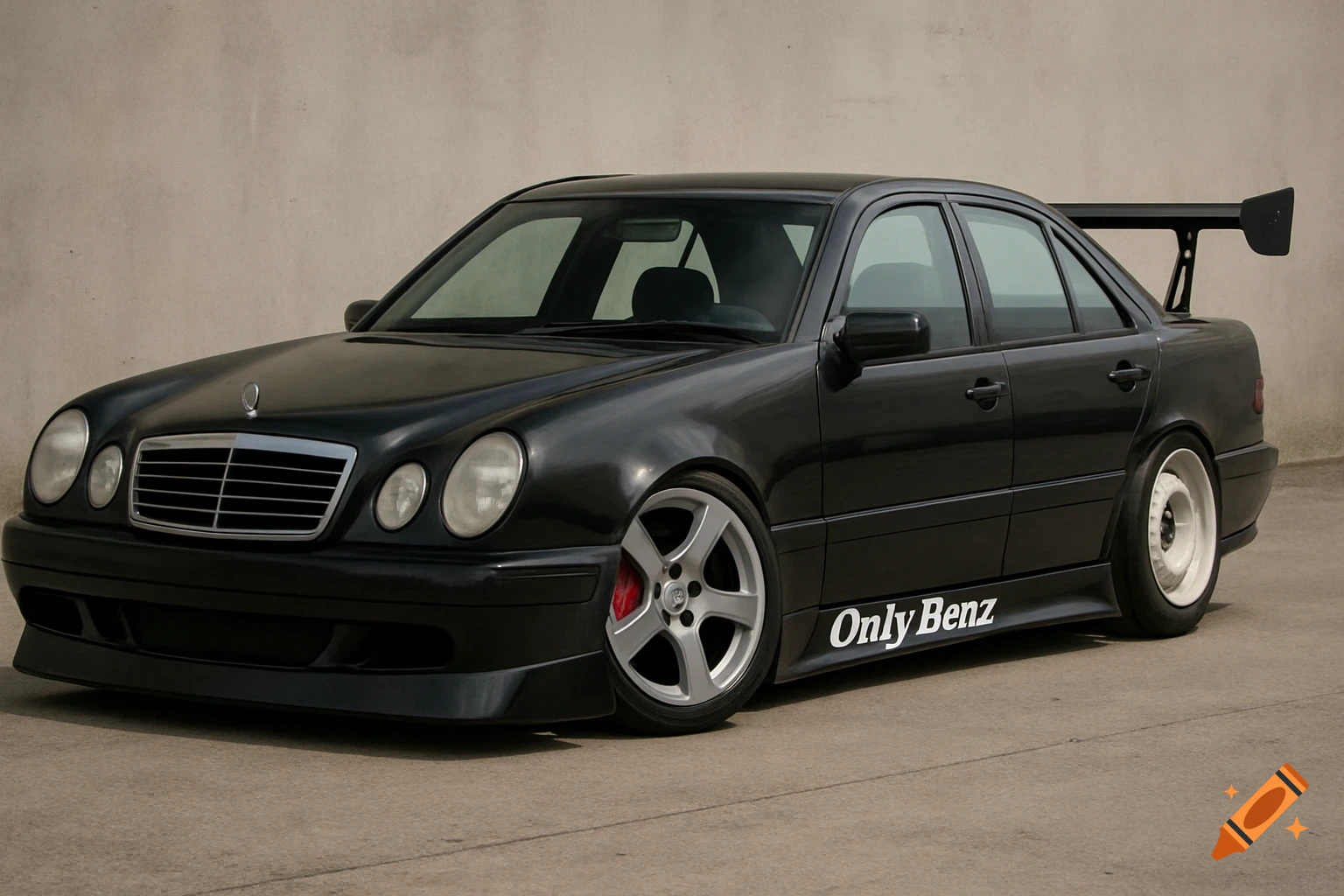 A black modified 1998 Mercedes E430 sedan with a large rear spoiler and 'Only Benz' on the side, parked on pavement.