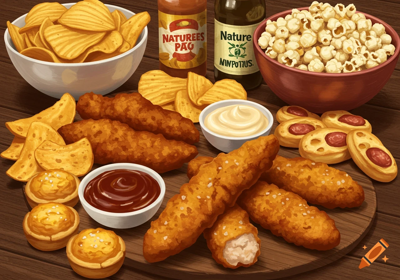 An illustration of a wooden table laden with various snacks including chips in a bowl, chicken tenders, mini tarts, popcorn, and bowls of dipping sauces.