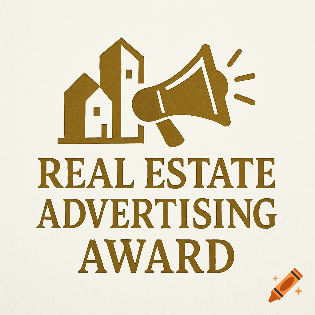 Gold logo for Real Estate Advertising Award with buildings and a megaphone on a cream background.