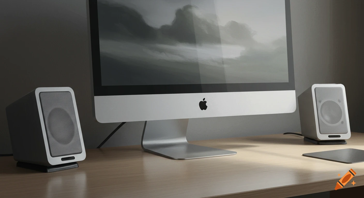 A close-up shot of a silver Apple iMac computer monitor and two small silver speakers on a wooden desk.