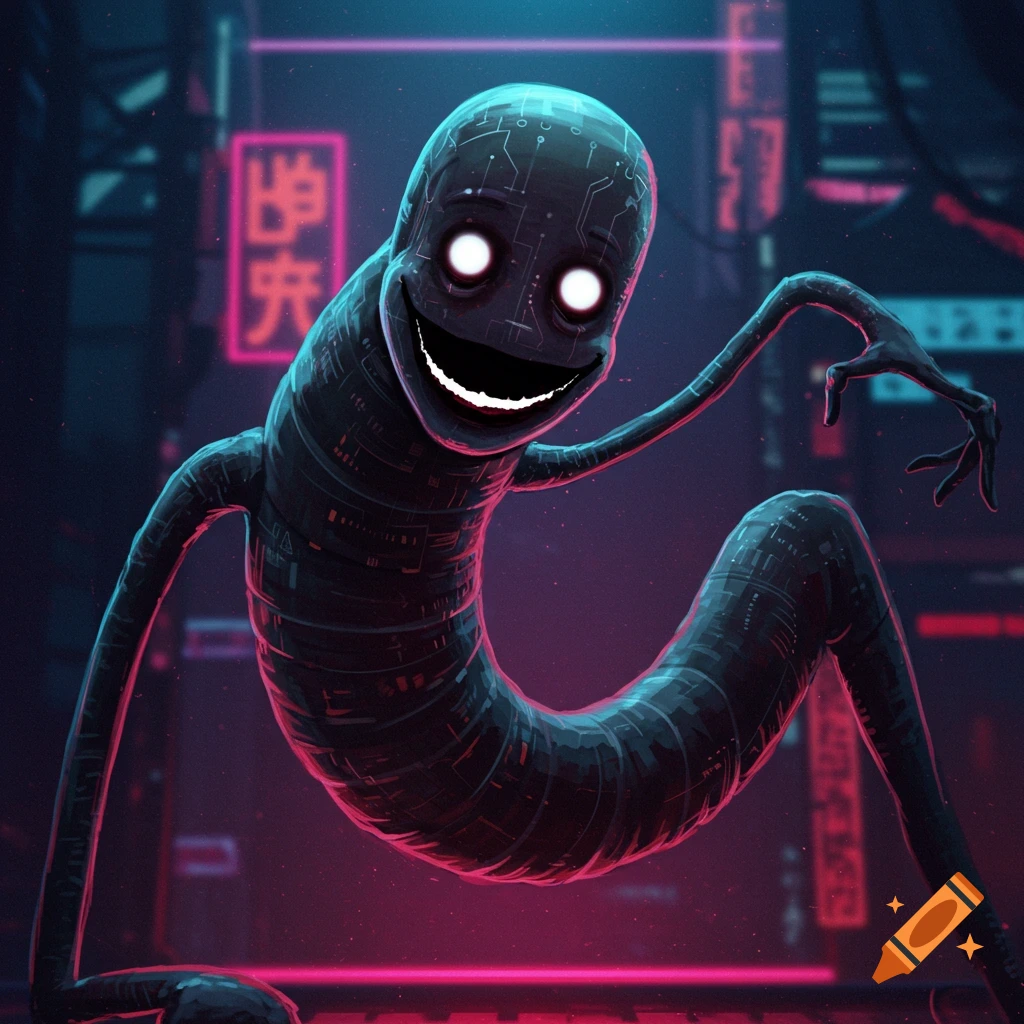 A creepy, long-limbed robot with glowing white eyes and a wide smile, in a neon-lit cyberpunk city.