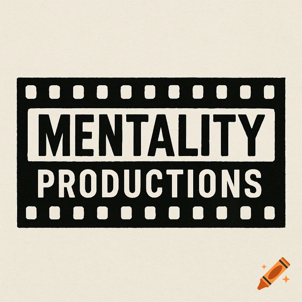 A black and white logo with "MENTALITY" above "PRODUCTIONS" inside a film strip design, on an off-white background.