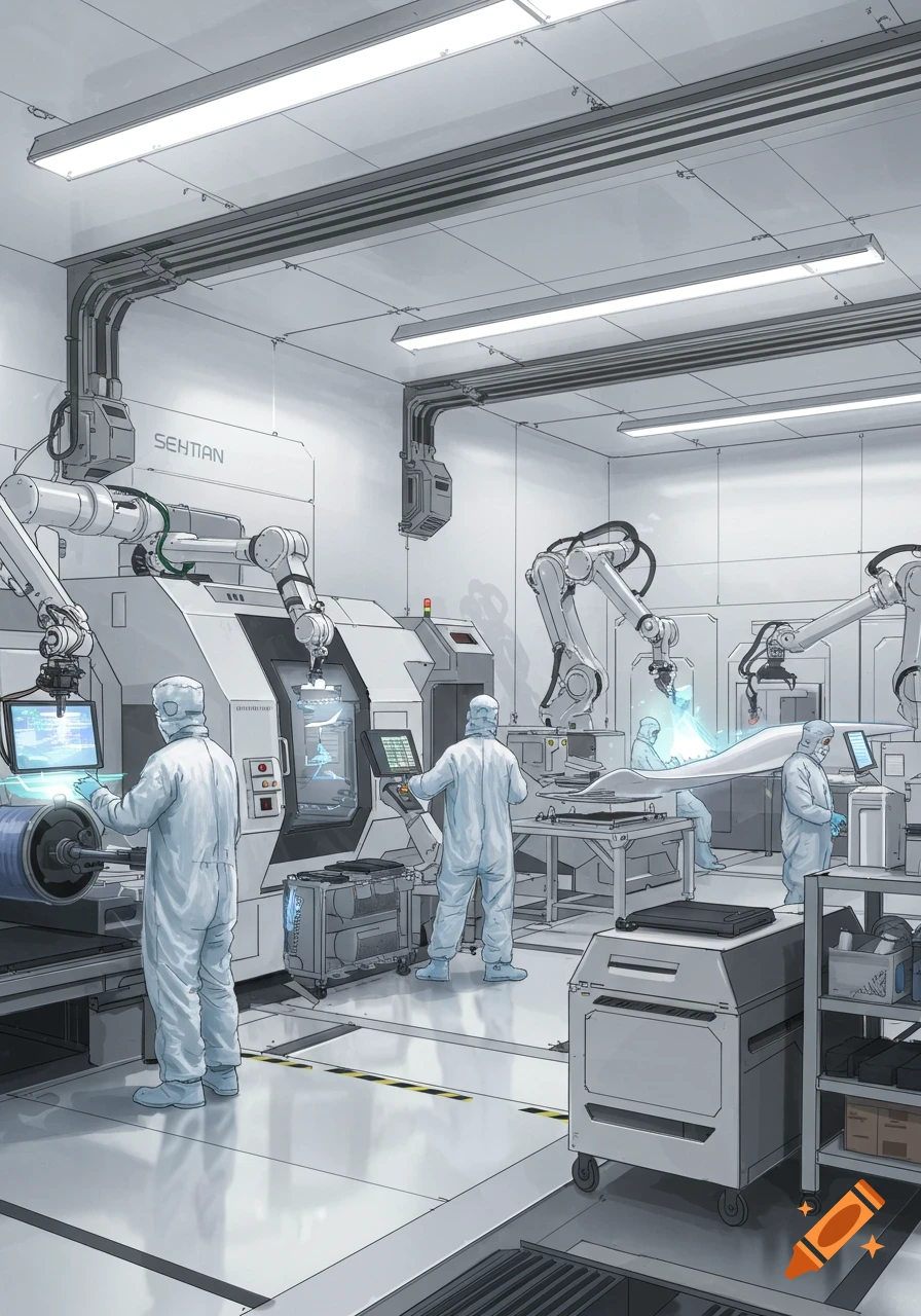 A detailed illustration of a clean room laboratory with technicians in hazmat suits, robotic arms, and advanced machinery.