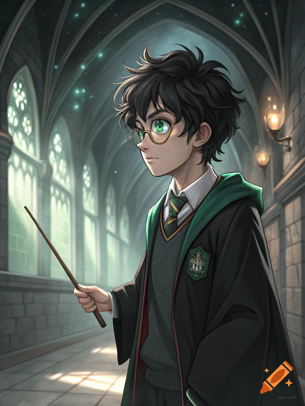 Anime-style Harry Potter in a Hogwarts-like hall, wearing a robe and holding a wand.