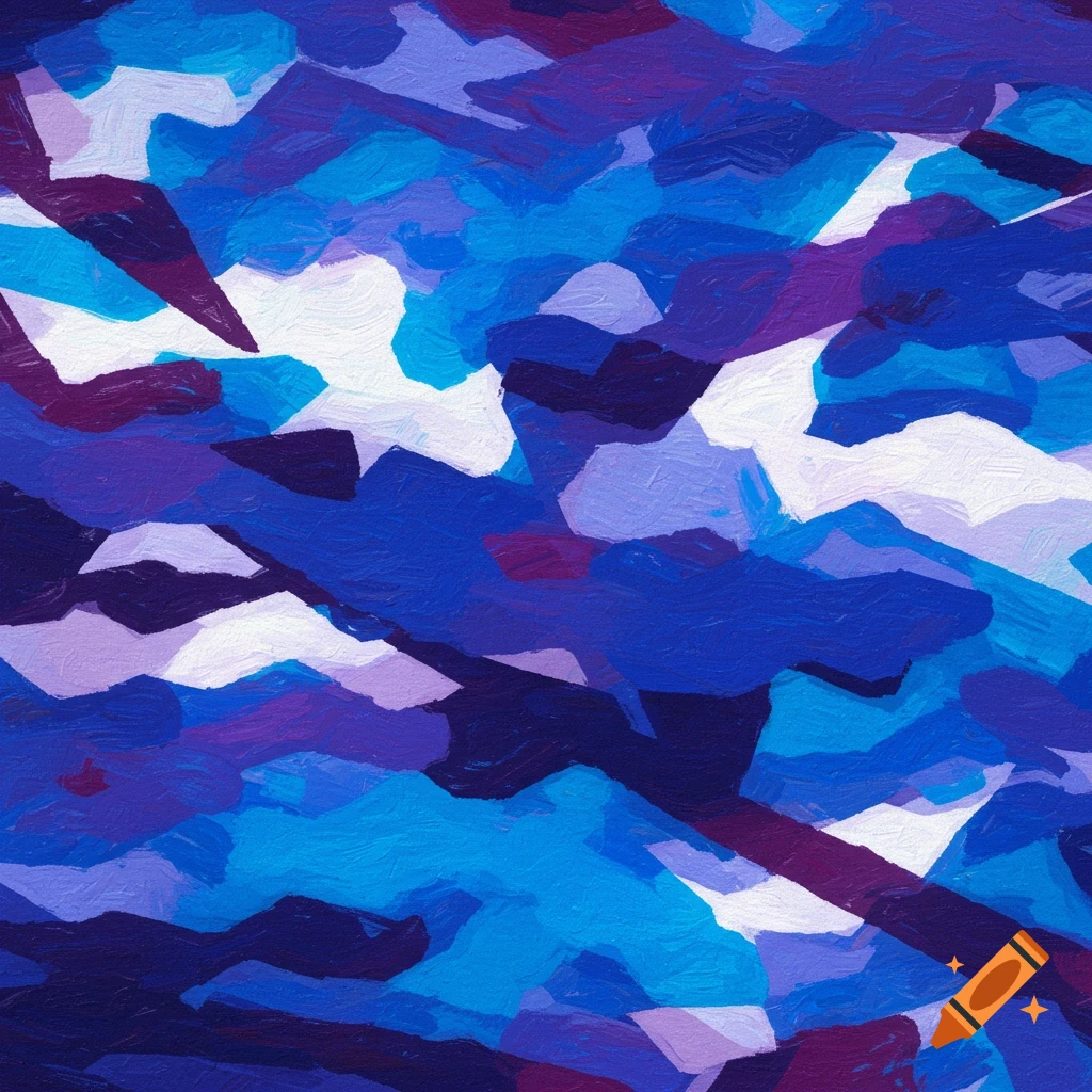 Abstract painting with a razzle dazzle pattern in shades of blue, purple, and white, featuring bold brushstrokes.