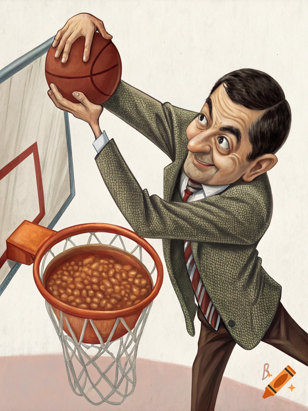 A caricature of Mr. Bean in a suit, smiling, dunking a basketball into a hoop filled with baked beans.