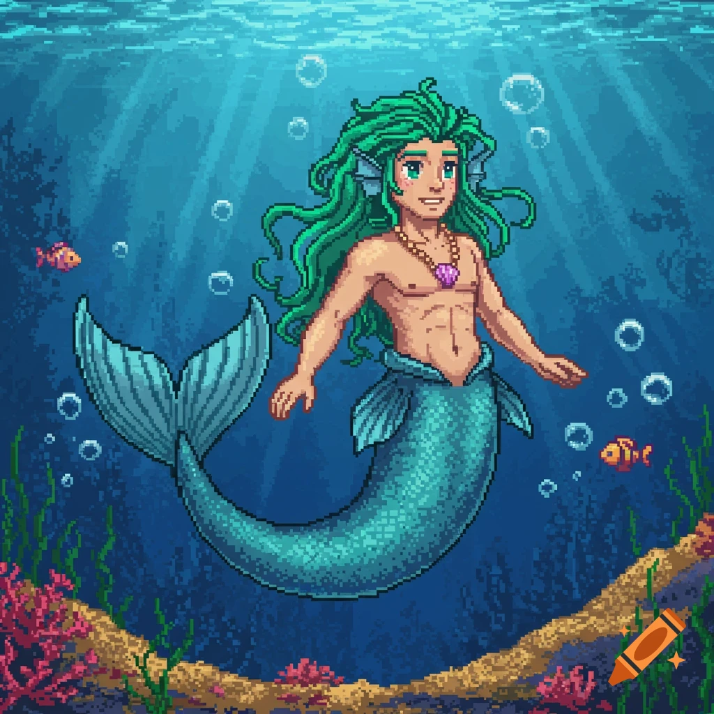 A pixel art depiction of a smiling merman with green hair and a shell necklace, swimming underwater with fish and coral.