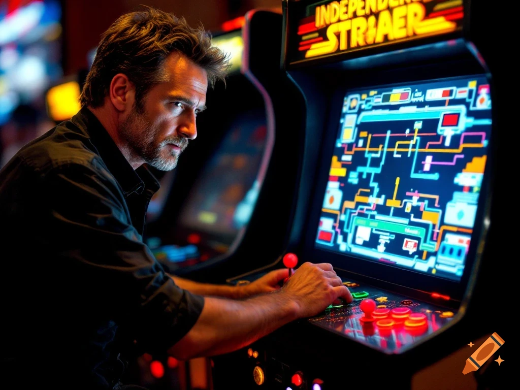 A man with a beard intensely plays a retro arcade game in a dimly lit arcade.