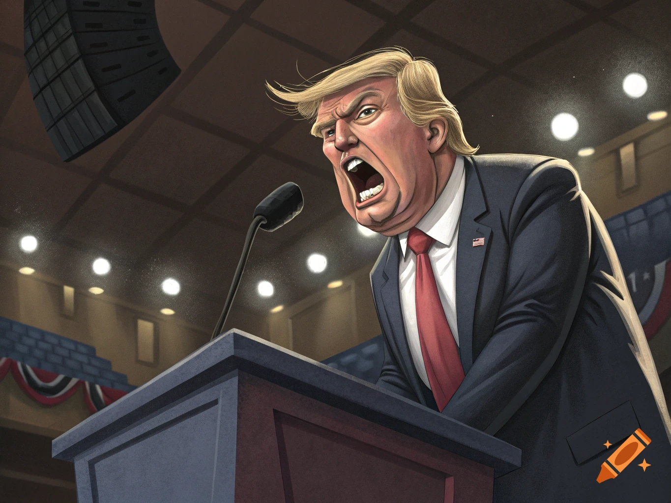 Caricature of an angry Donald Trump speaking at a podium with a microphone.