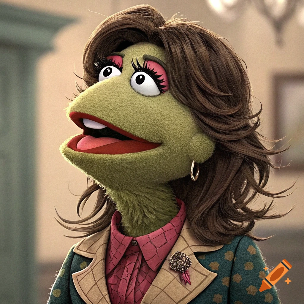 Close-up portrait of a green Muppet character with brown hair, big lips, and a pink shirt, looking upwards.