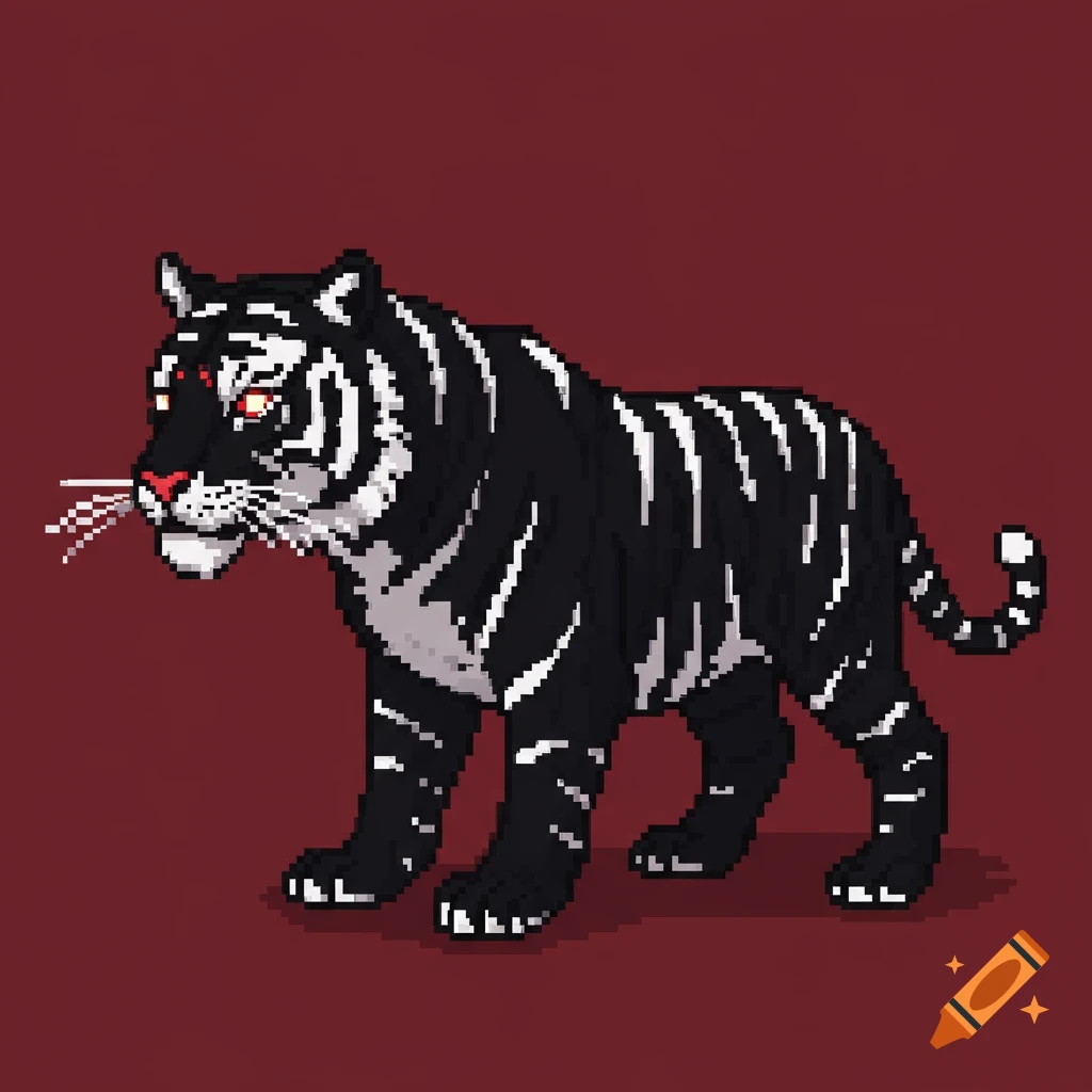 A pixel art depiction of a black tiger with white stripes and glowing red eyes, set against a dark red background.