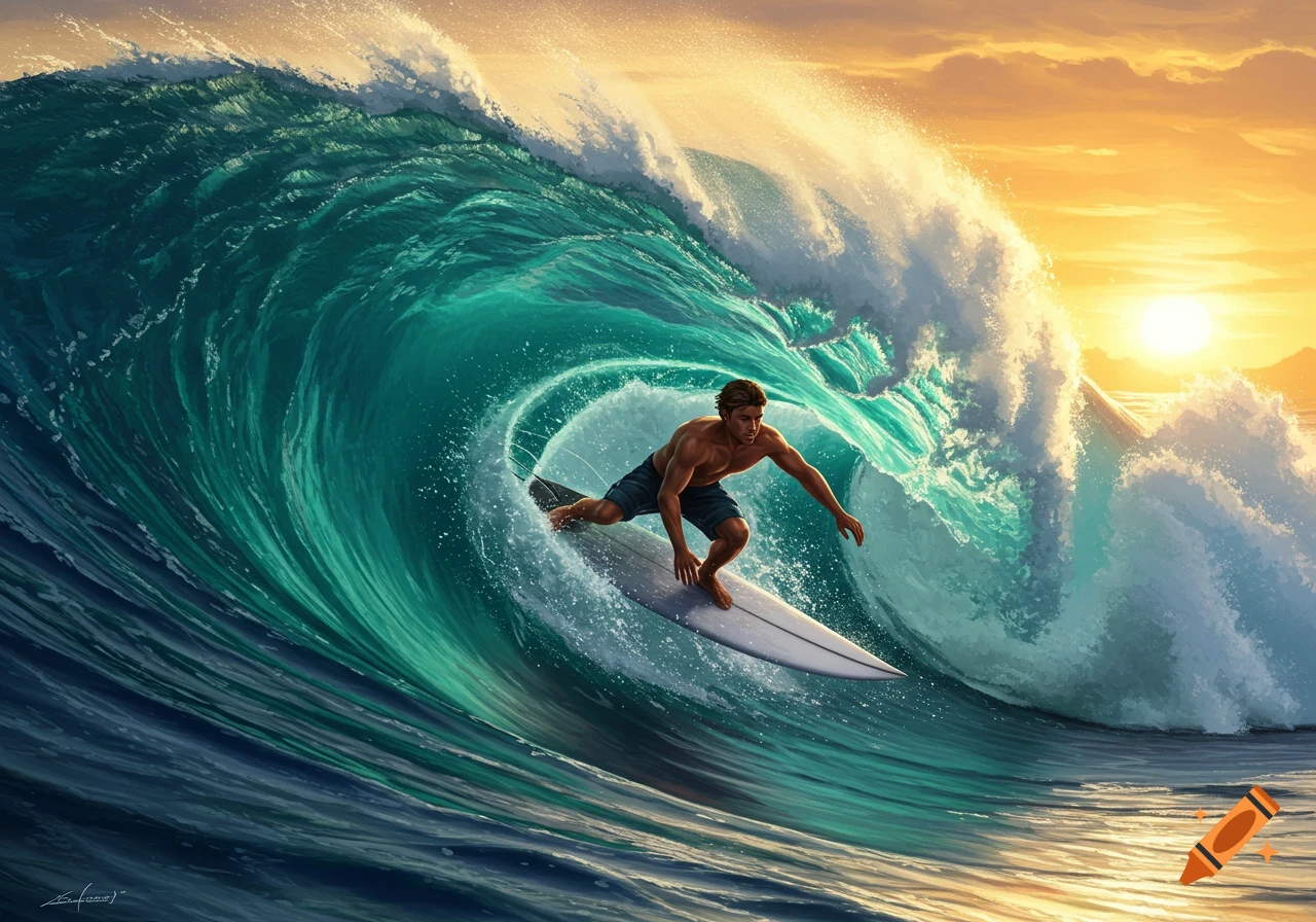 A male surfer riding a large turquoise ocean wave, inside the barrel, against a bright orange and yellow sunset sky.