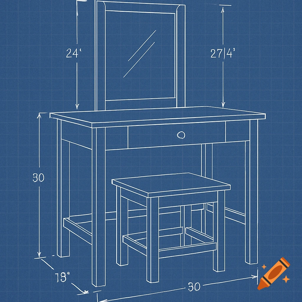 A blueprint drawing of a wood makeup vanity with a mirror and a stool, showing various dimensions on a blue grid background.