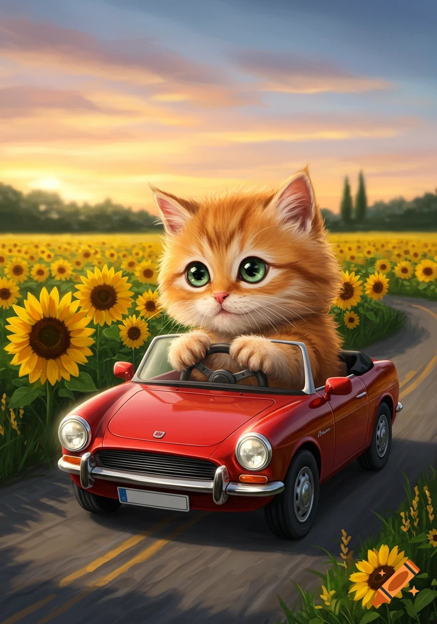A cute orange kitten with big green eyes drives a red convertible car on a winding road through a field of sunflowers at sunset.