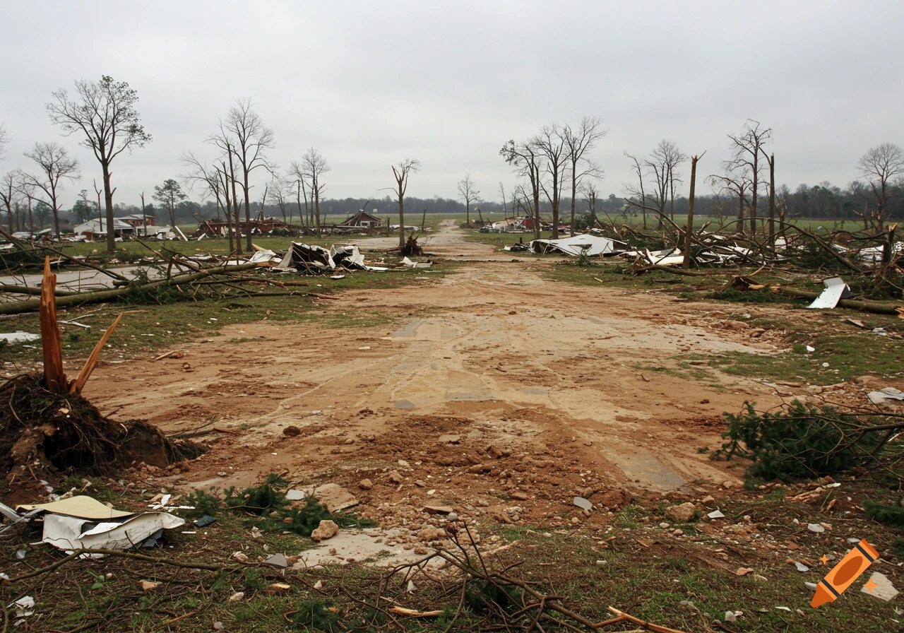 A wide path through a landscape devastated by a tornado, with broken trees and scattered debris under a grey sky.