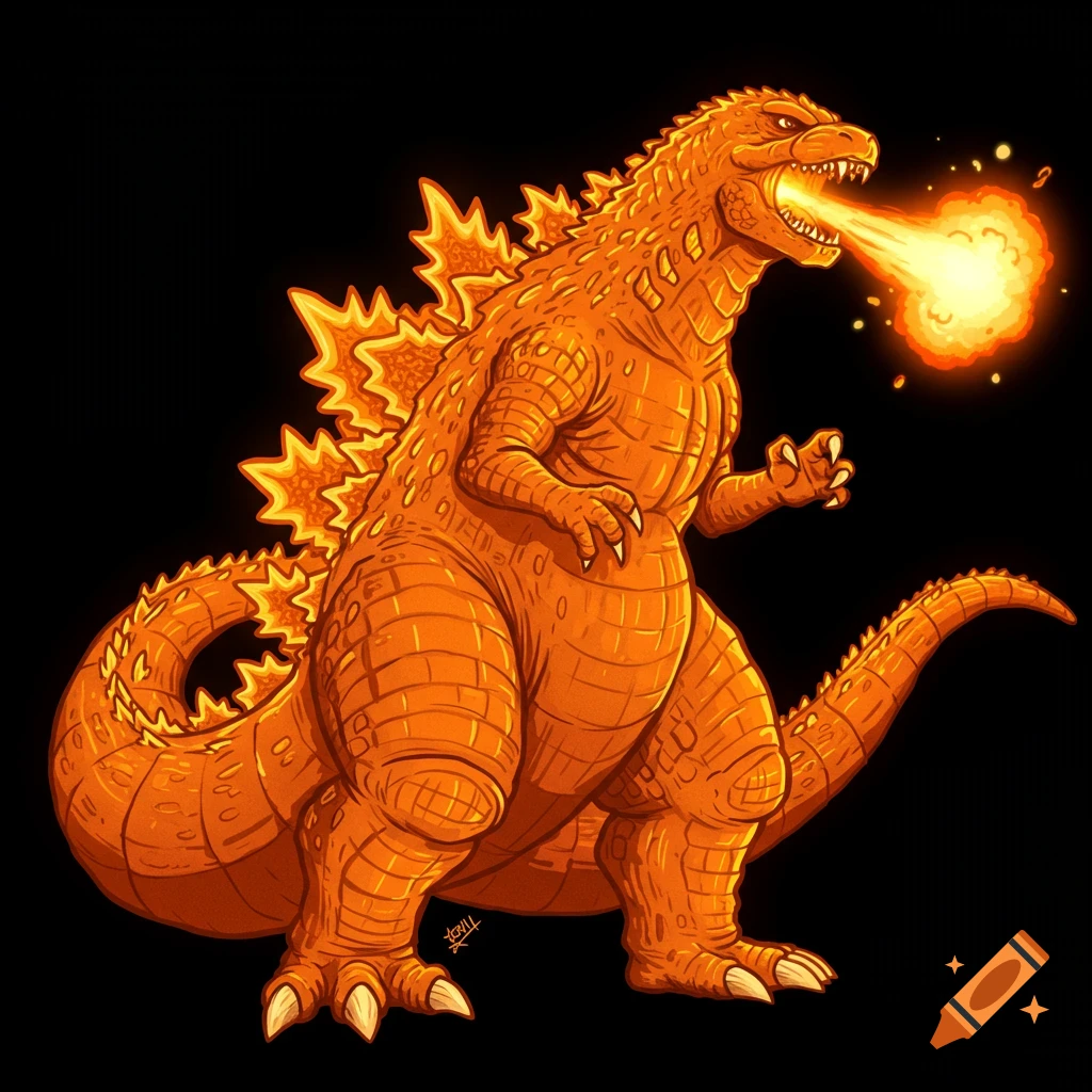 Orange cartoon Godzilla breathing fire on a black background.
