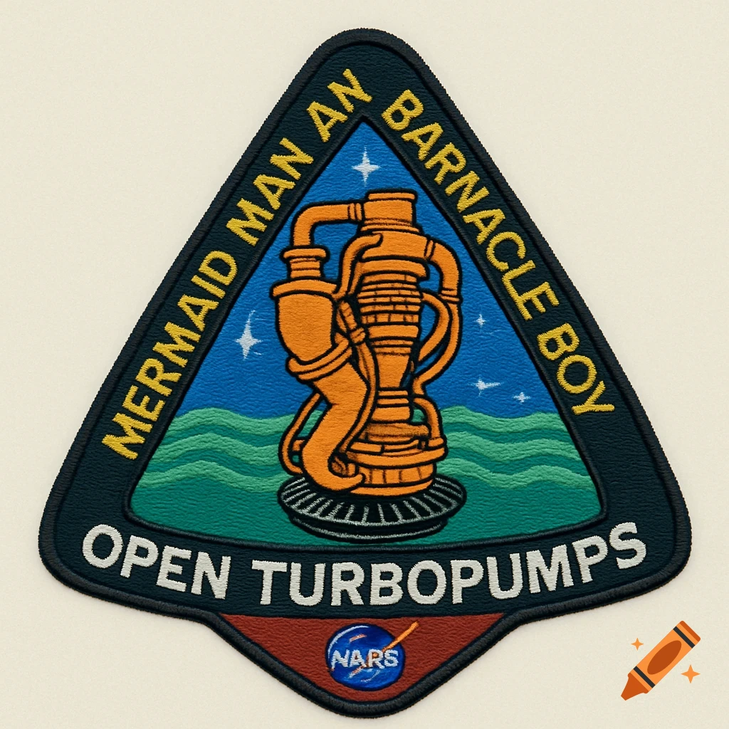 An embroidered triangular patch with text "Mermaid Man An Barnacle Boy" and "Open Turbopumps", featuring an orange turbopump machine, green waves, a starry blue sky, and a small "NARS" logo.
