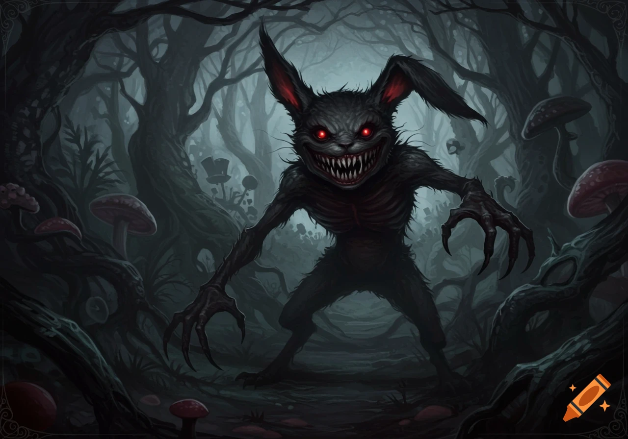 A creepy, grinning black creature with long ears and sharp teeth, red glowing eyes, stands in a dark, twisted forest with mushrooms.