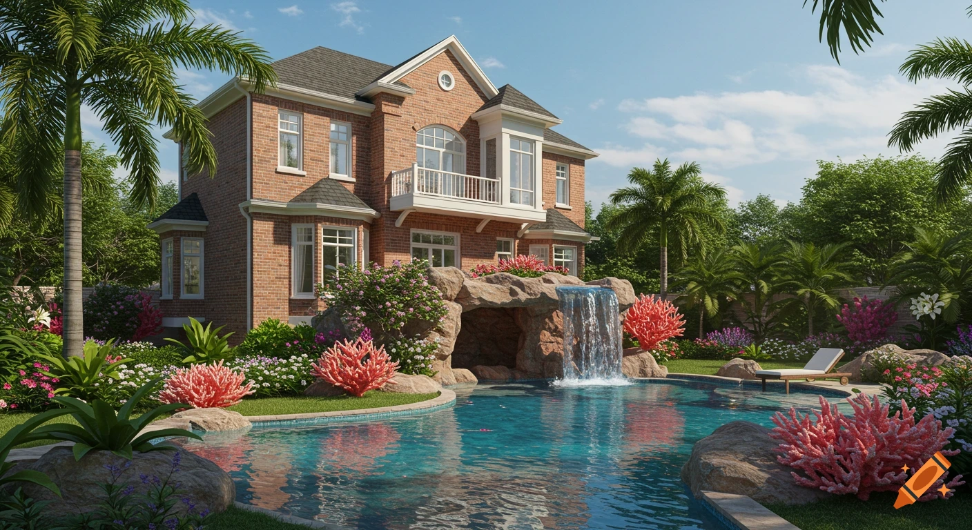 A grand brick house with a white balcony overlooks a tropical pool featuring a rock grotto and waterfall, surrounded by lush, exotic gardens and palm trees on a sunny day.