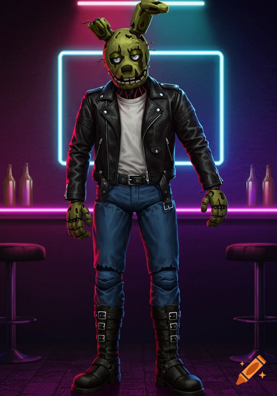 Green animatronic rabbit Springtrap in a leather jacket, jeans, and boots, standing in a neon-lit bar. Digital art.