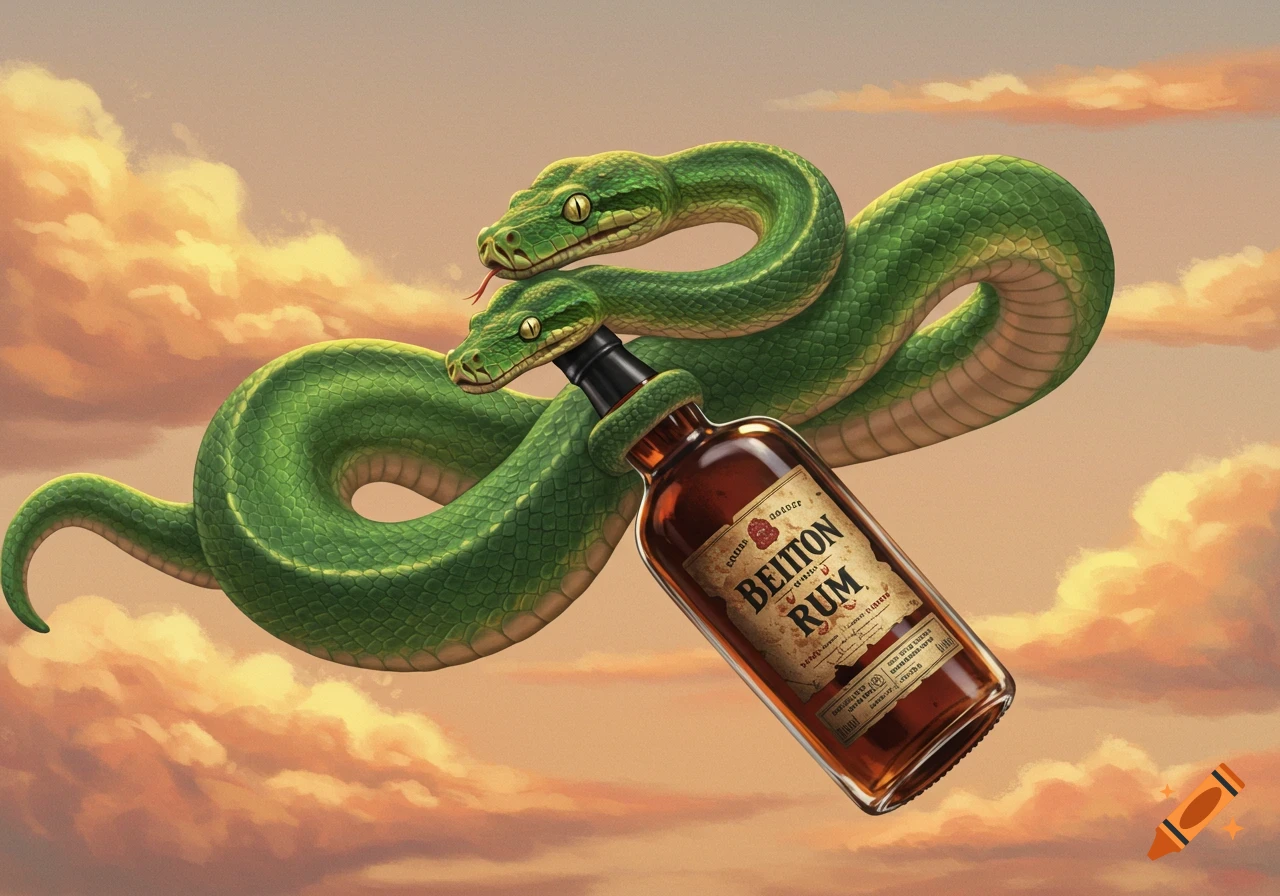Two green pythons wrapped around a bottle of rum, floating in a cloudy, sunset sky.