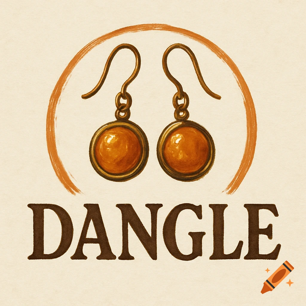 A logo featuring two copper-colored dangle earrings within an orange brushstroke circle, with the word DANGLE below.