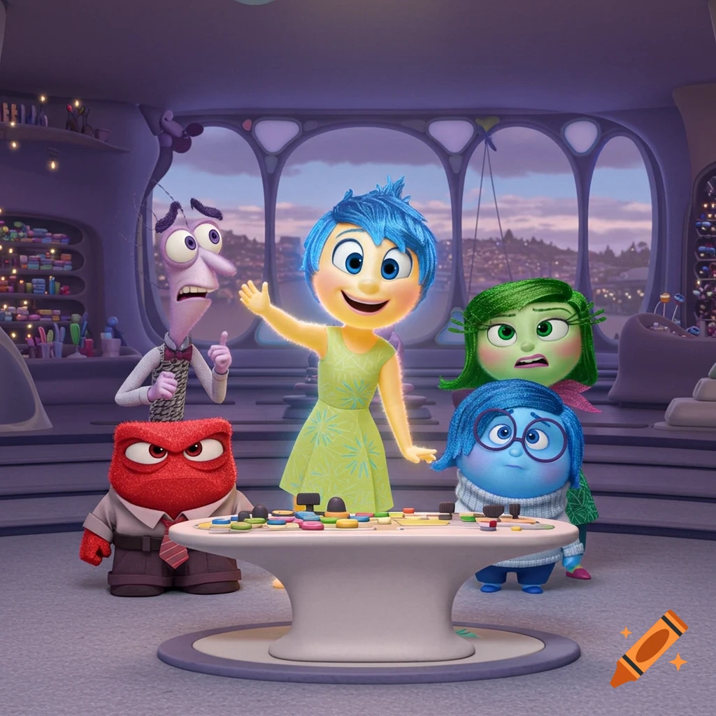 The five main emotions from Inside Out, Joy, Sadness, Anger, Fear, and Disgust, stand around a console in a brightly lit control room.