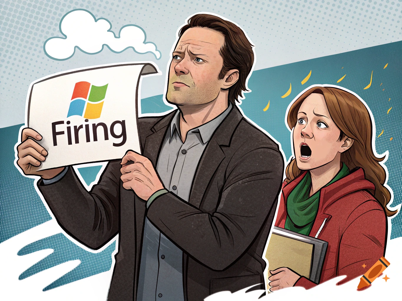 An illustration of a man holding a sign with a Windows logo and the word 'Firing,' while a surprised woman looks on.