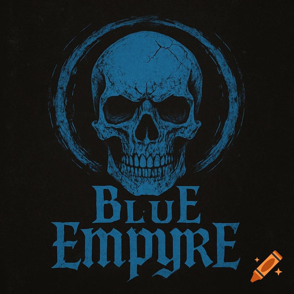 A blue skull with cracks and a circular grunge halo over the words 'BLUE EMPYRE' in gothic font on a dark background.