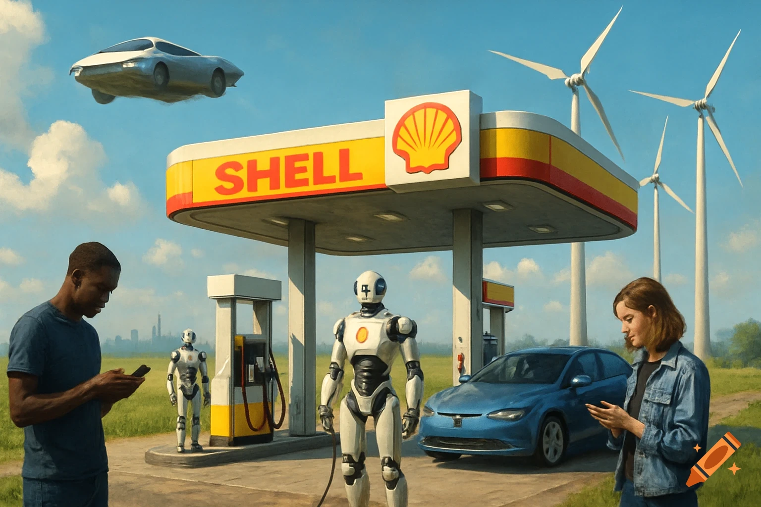 A futuristic Shell petrol station with robot attendants, a flying car, and wind turbines, set in a countryside with a city in the distance, featuring people using phones.