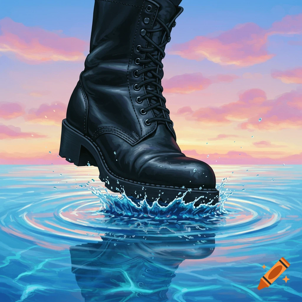 A black combat boot steps into calm blue water, creating splashes and ripples under a colorful sunset sky.