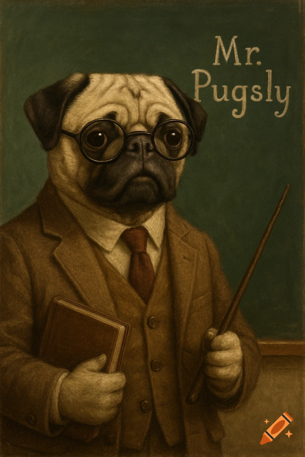 A vintage-style portrait of Mr. Pugsly, a pug dog wearing glasses and a suit, holding a book and a pointer, standing before a chalkboard.