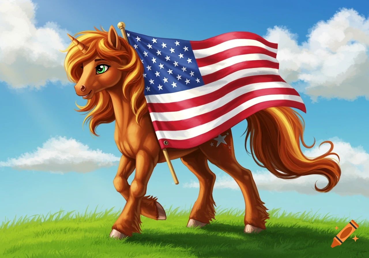 A brown cartoon pony with an orange mane and green eyes walks across a grassy field carrying a large American flag on a pole.