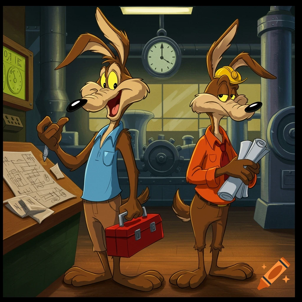 Wile E. Coyote smiles with a toolbox next to a grumpy Ralph E. Coyote holding blueprints in a cartoon factory setting.